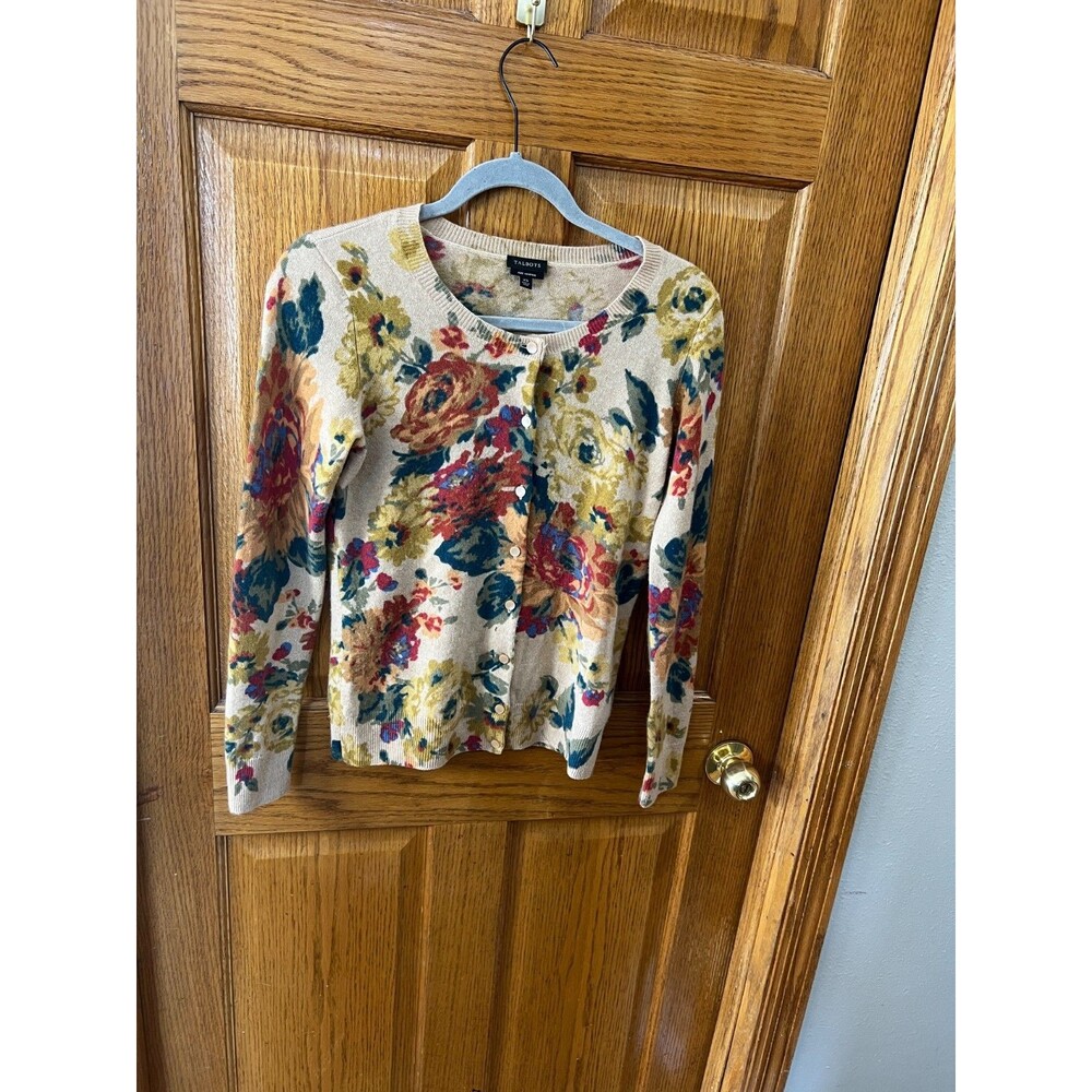 Talbots women's XS floral cashmere button front cottagecore cardigan Grandma
